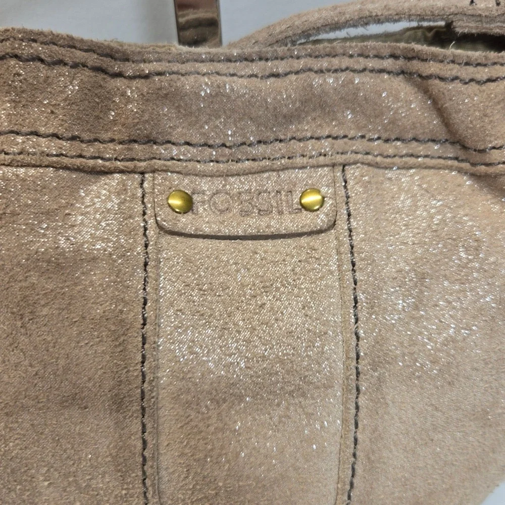 Fossil Small Leather Crossbody Bucket Bag Metallic Shimmer Suede Studded Western